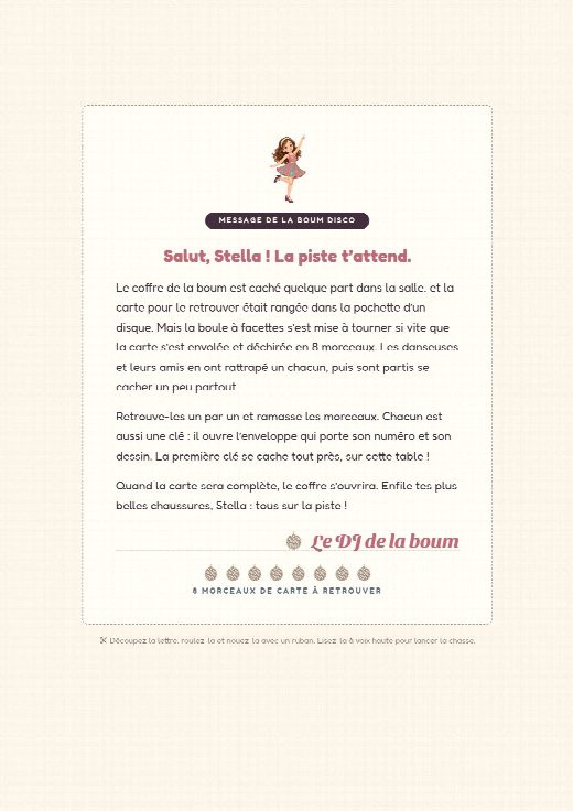 Lettre d’ouverture de la chasse au trésor disco à imprimer, au prénom de l’enfant