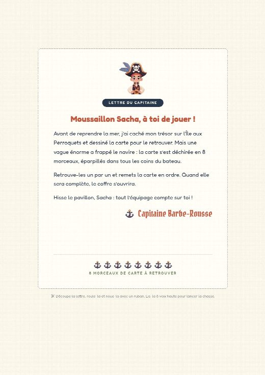 Lettre d’ouverture de la chasse au trésor pirates à imprimer, au prénom de l’enfant
