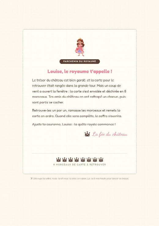 Lettre d’ouverture de la chasse au trésor princesses à imprimer, au prénom de l’enfant