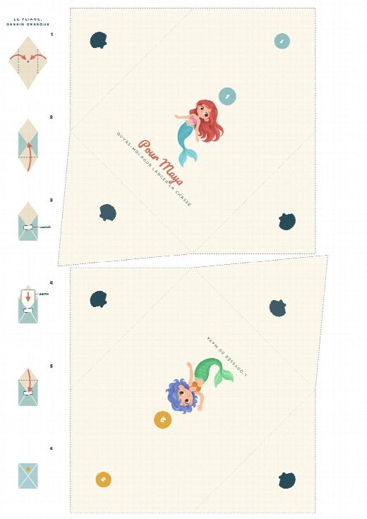 Enveloppes numérotées de la chasse au trésor sirènes à imprimer et à plier, une carte-indice dans chacune