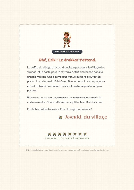 Lettre d’ouverture de la chasse au trésor vikings à imprimer, au prénom de l’enfant