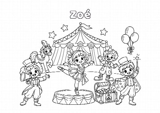 Coloriage d’anniversaire cirque à imprimer, le prénom de l’enfant écrit dans le ciel