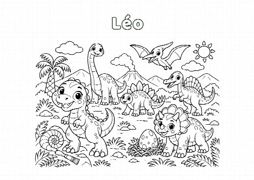 Coloriage d’anniversaire dinosaures à imprimer, le prénom de l’enfant écrit dans le ciel