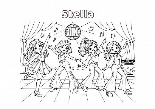 Coloriage d’anniversaire disco à imprimer, le prénom de l’enfant écrit dans le ciel