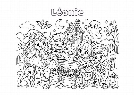 Coloriage d’anniversaire Halloween à imprimer, le prénom de l’enfant écrit dans le ciel