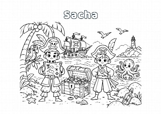 Coloriage d’anniversaire pirates à imprimer, le prénom de l’enfant écrit dans le ciel