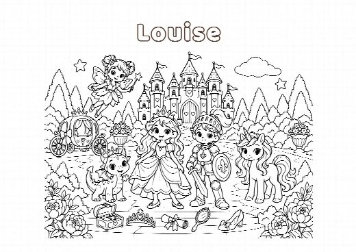 Coloriage d’anniversaire princesses à imprimer, le prénom de l’enfant écrit dans le ciel