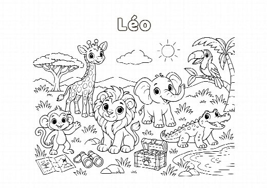 Coloriage d’anniversaire safari à imprimer, le prénom de l’enfant écrit dans le ciel