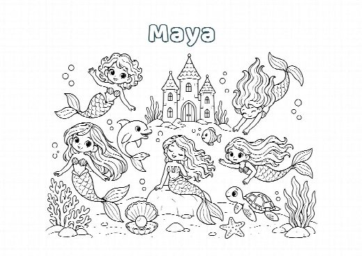 Coloriage d’anniversaire sirènes à imprimer, le prénom de l’enfant écrit dans le ciel