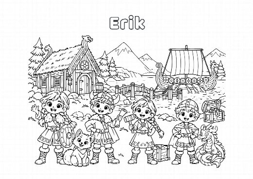 Coloriage d’anniversaire vikings à imprimer, le prénom de l’enfant écrit dans le ciel