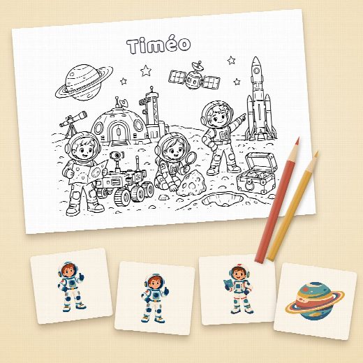 Coloriage astronaute au prénom de l’enfant et cartes du jeu de memory à imprimer et à découper