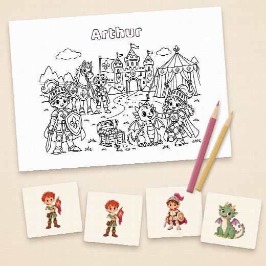 Coloriage chevaliers au prénom de l’enfant et cartes du jeu de memory à imprimer et à découper