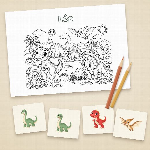 Coloriage dinosaures au prénom de l’enfant et cartes du jeu de memory à imprimer et à découper