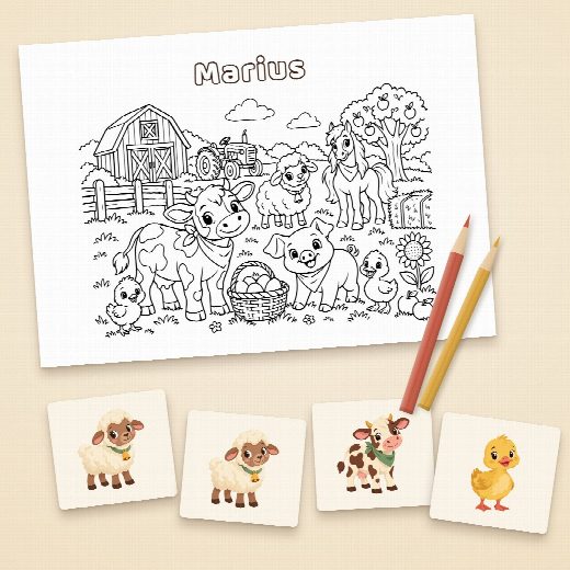 Coloriage ferme au prénom de l’enfant et cartes du jeu de memory à imprimer et à découper