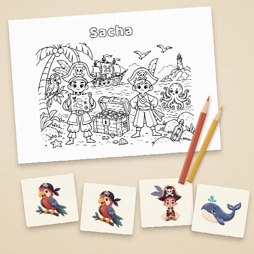 Coloriage pirates au prénom de l’enfant et cartes du jeu de memory à imprimer et à découper