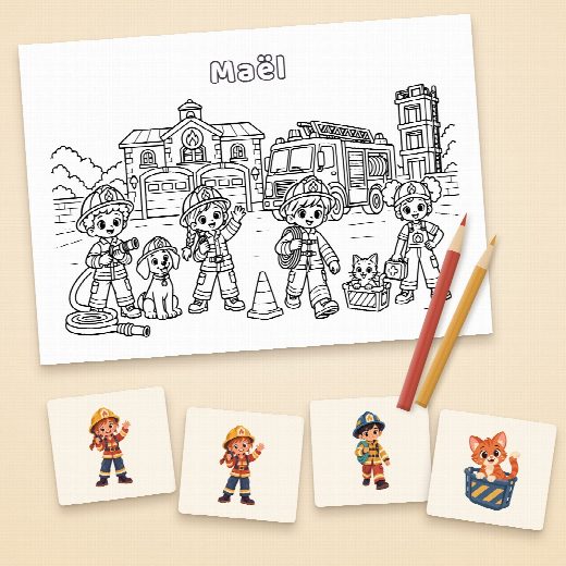 Coloriage pompier au prénom de l’enfant et cartes du jeu de memory à imprimer et à découper