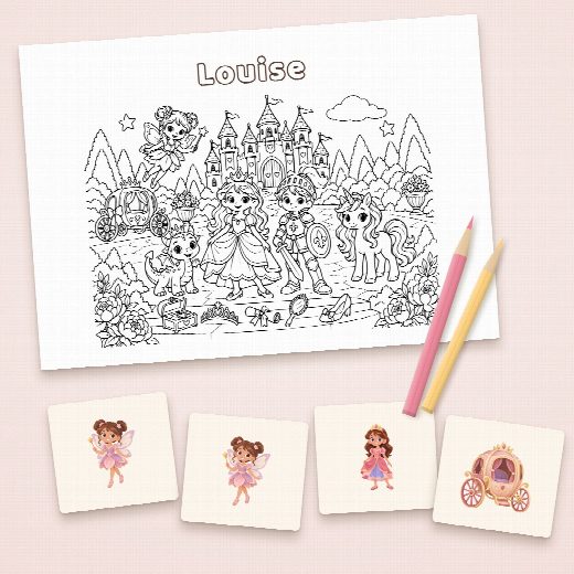 Coloriage princesses au prénom de l’enfant et cartes du jeu de memory à imprimer et à découper