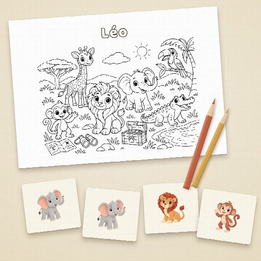 Coloriage safari au prénom de l’enfant et cartes du jeu de memory à imprimer et à découper
