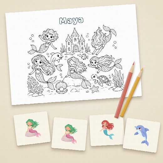 Coloriage sirènes au prénom de l’enfant et cartes du jeu de memory à imprimer et à découper