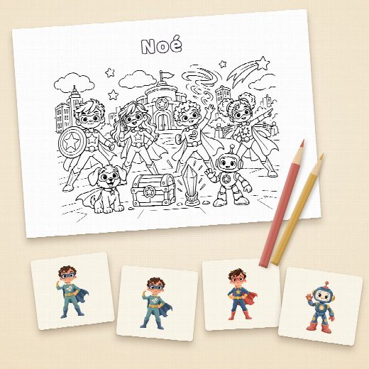 Coloriage super-héros au prénom de l’enfant et cartes du jeu de memory à imprimer et à découper