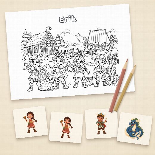 Coloriage vikings au prénom de l’enfant et cartes du jeu de memory à imprimer et à découper