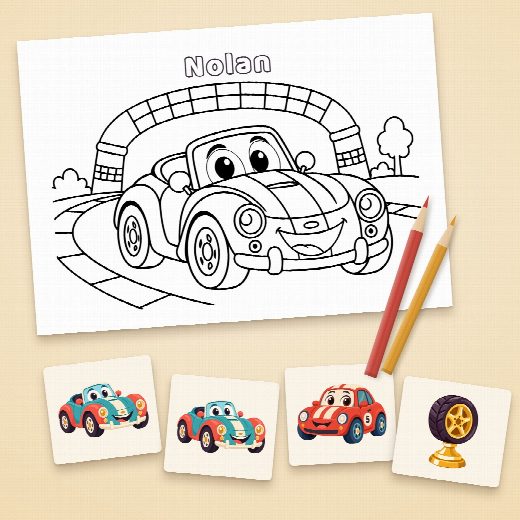 Coloriage voitures au prénom de l’enfant et cartes du jeu de memory à imprimer et à découper