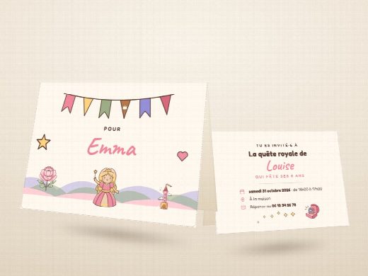 Invitations Princesses, un carton plié par invité(e) au prénom de chacun(e)