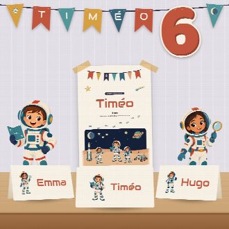 Décoration d’anniversaire astronaute à imprimer : guirlande et affiche au prénom de l’enfant, marque-places au nom de chaque invité(e)