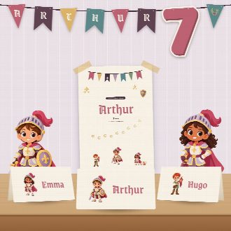 Décoration d’anniversaire chevaliers à imprimer : guirlande et affiche au prénom de l’enfant, marque-places au nom de chaque invité(e)