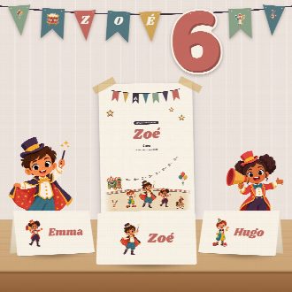 Décoration d’anniversaire cirque à imprimer : guirlande et affiche au prénom de l’enfant, marque-places au nom de chaque invité(e)