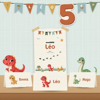 Décoration d’anniversaire dinosaures à imprimer : guirlande et affiche au prénom de l’enfant, marque-places au nom de chaque invité(e)