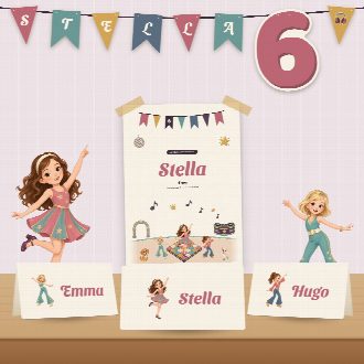 Décoration d’anniversaire disco à imprimer : guirlande et affiche au prénom de l’enfant, marque-places au nom de chaque invité(e)