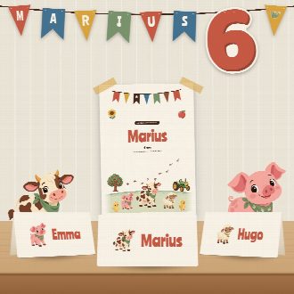 Décoration d’anniversaire ferme à imprimer : guirlande et affiche au prénom de l’enfant, marque-places au nom de chaque invité(e)