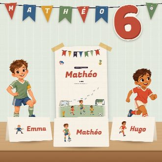 Décoration d’anniversaire football à imprimer : guirlande et affiche au prénom de l’enfant, marque-places au nom de chaque invité(e)