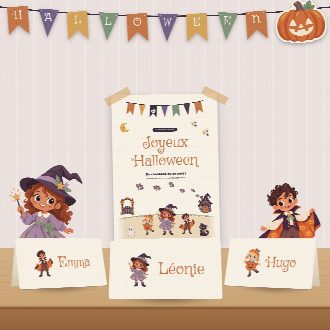 Décoration d’Halloween à imprimer : guirlande et affiche au prénom de l’enfant, marque-places au nom de chaque invité(e)