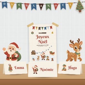 Décoration de Noël à imprimer : guirlande et affiche au prénom de l’enfant, marque-places au nom de chaque invité(e)