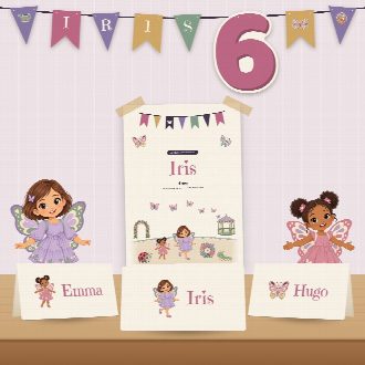 Décoration d’anniversaire papillon à imprimer : guirlande et affiche au prénom de l’enfant, marque-places au nom de chaque invité(e)