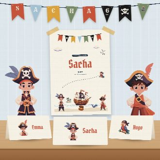 Décoration d’anniversaire pirates à imprimer : guirlande et affiche au prénom de l’enfant, marque-places au nom de chaque invité(e)