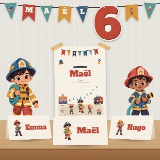 Décoration d’anniversaire pompier à imprimer : guirlande et affiche au prénom de l’enfant, marque-places au nom de chaque invité(e)