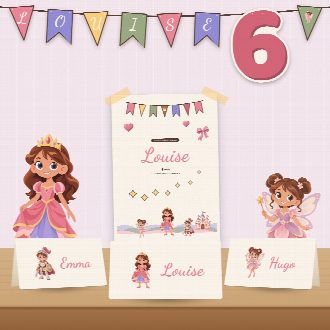 Décoration d’anniversaire princesses à imprimer : guirlande et affiche au prénom de l’enfant, marque-places au nom de chaque invité(e)