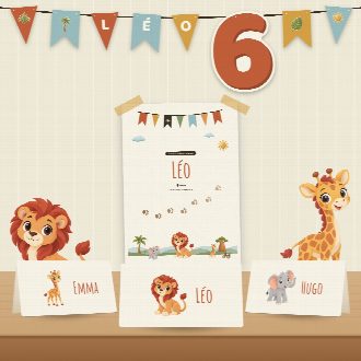 Décoration d’anniversaire safari à imprimer : guirlande et affiche au prénom de l’enfant, marque-places au nom de chaque invité(e)