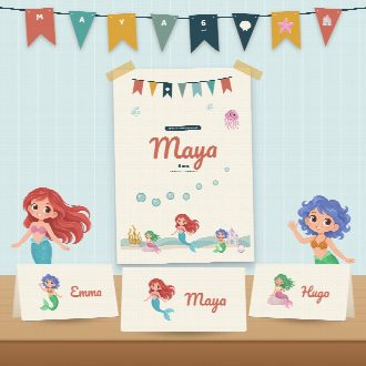 Décoration d’anniversaire sirènes à imprimer : guirlande et affiche au prénom de l’enfant, marque-places au nom de chaque invité(e)