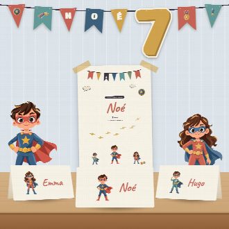 Décoration d’anniversaire super-héros à imprimer : guirlande et affiche au prénom de l’enfant, marque-places au nom de chaque invité(e)