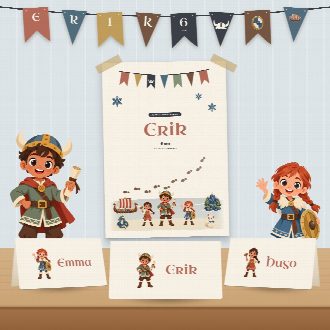 Décoration d’anniversaire vikings à imprimer : guirlande et affiche au prénom de l’enfant, marque-places au nom de chaque invité(e)