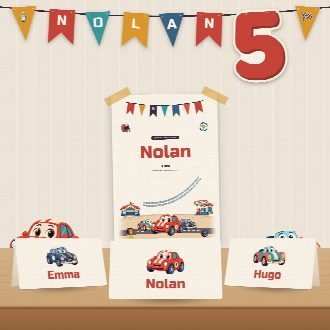Décoration d’anniversaire voitures à imprimer : guirlande et affiche au prénom de l’enfant, marque-places au nom de chaque invité(e)