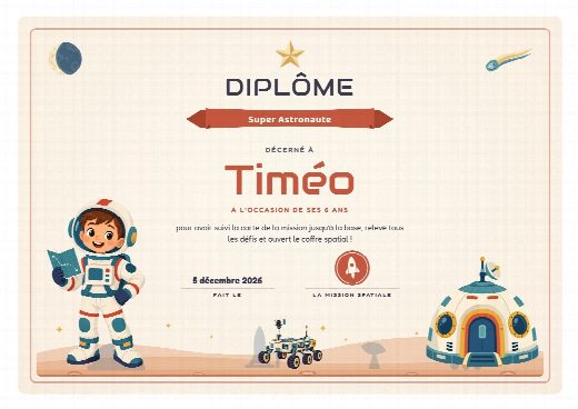 Diplôme d’anniversaire astronaute à imprimer, au prénom de l’enfant, remis à la fin de la chasse au trésor