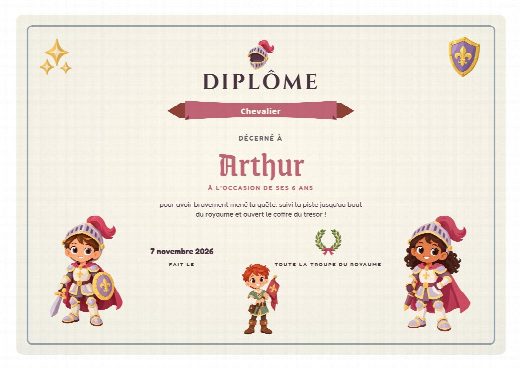 Diplôme d’anniversaire chevaliers à imprimer, au prénom de l’enfant, remis à la fin de la chasse au trésor