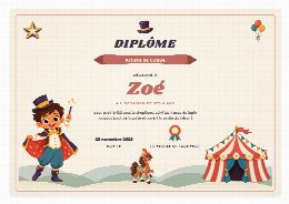Diplôme d’anniversaire cirque à imprimer, au prénom de l’enfant, remis à la fin de la chasse au trésor