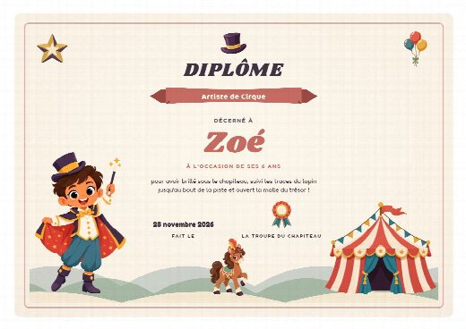 Diplôme d’anniversaire cirque à imprimer, au prénom de l’enfant, remis à la fin de la chasse au trésor