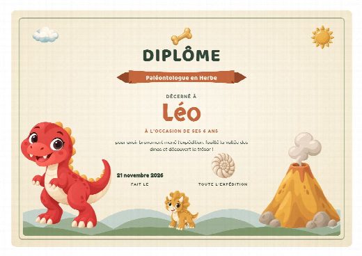 Diplôme d’anniversaire dinosaures à imprimer, au prénom de l’enfant, remis à la fin de la chasse au trésor
